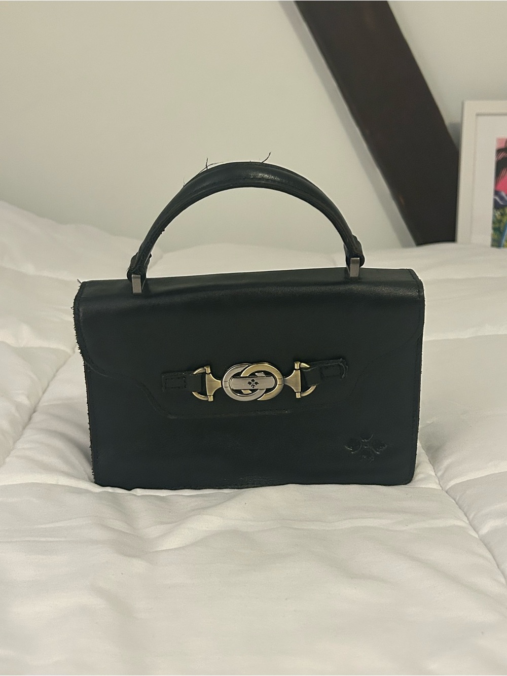 Patricia Nash Porcili Black Leather Top-Handle Bag with Gold Hardware